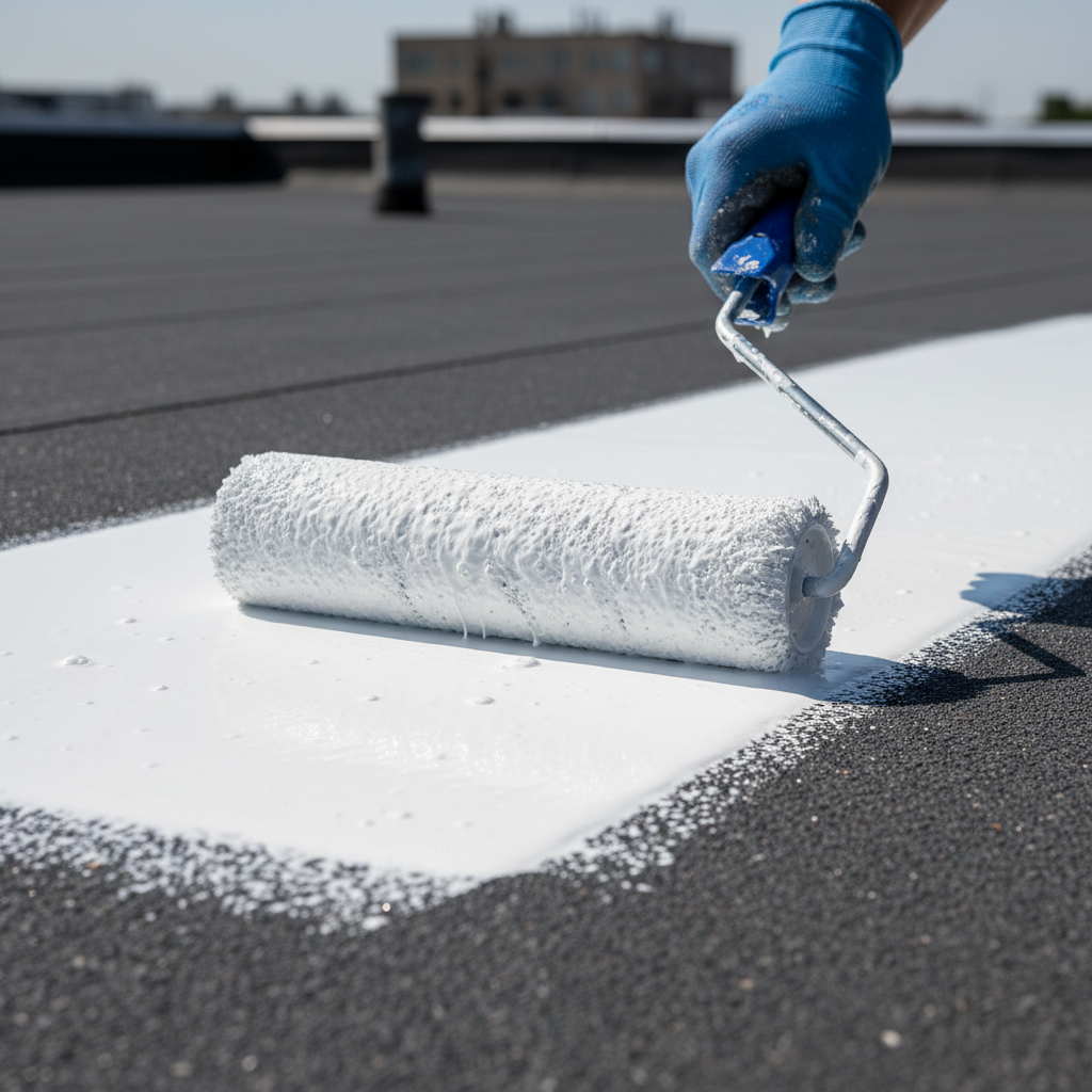 Flat roof coating application on commercial building in Central Valley CA