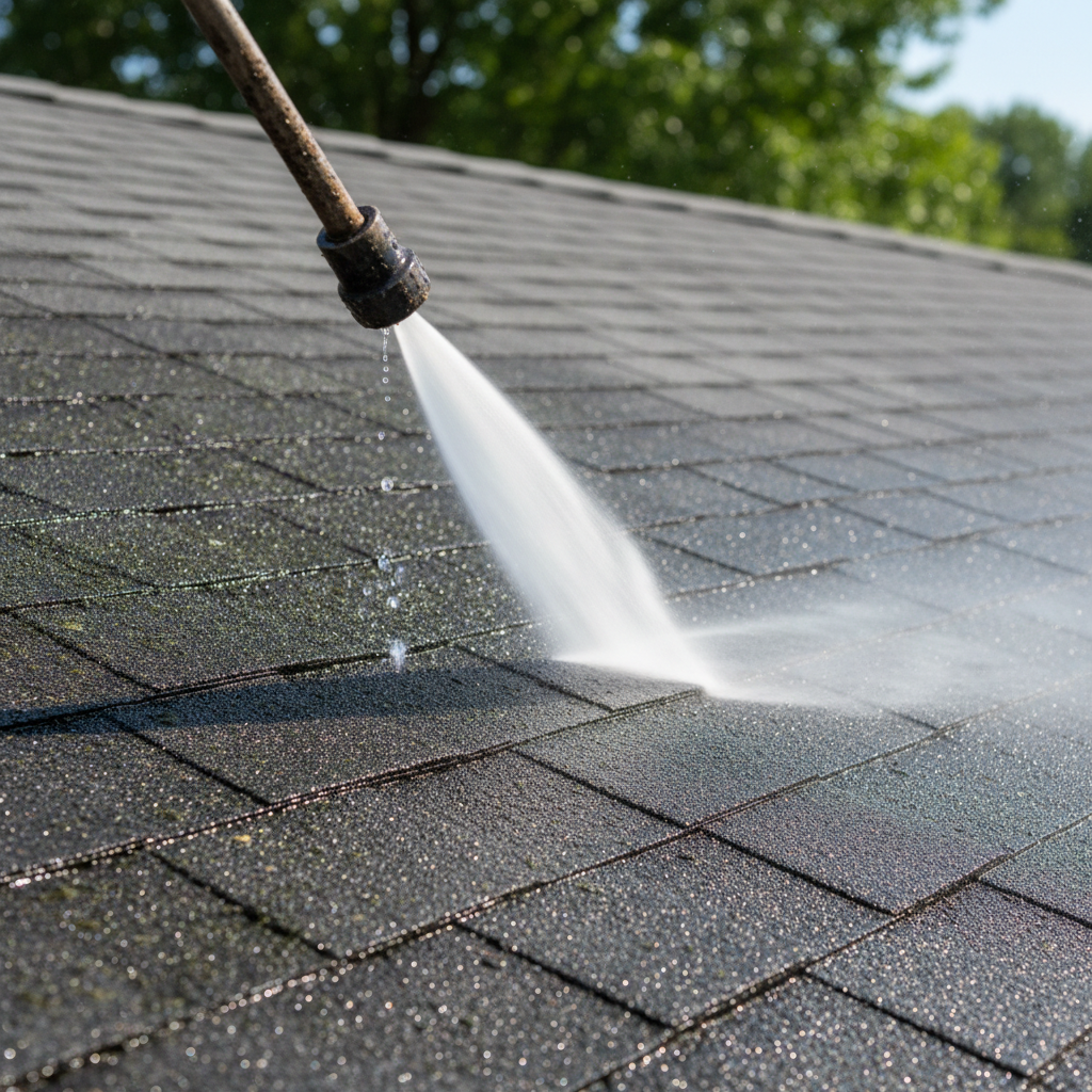 Professional roof cleaning to remove moss algae and debris